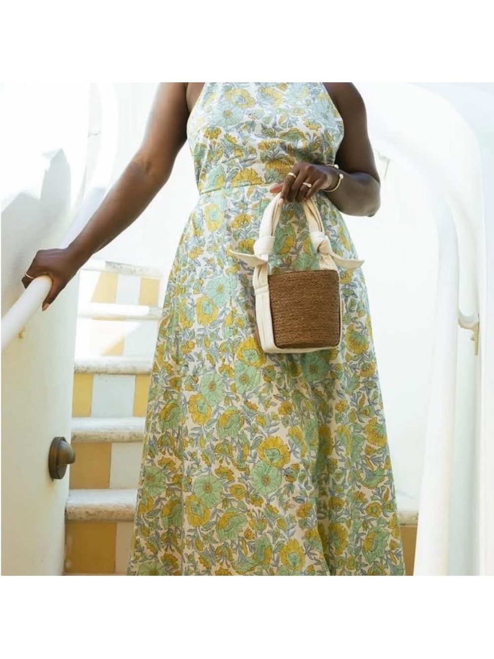 Sue Sartor Halter Floral Maxi Dress in Yellow & Green